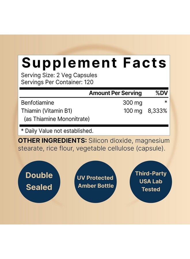 NatureBell Benfotiamine 300mg with Thiamine 100mg Per Serving | 240 Veggie Capsules - Essential Vitamin B1 Benfotiamine Supplement - Vegetarian Friendly - Image 2