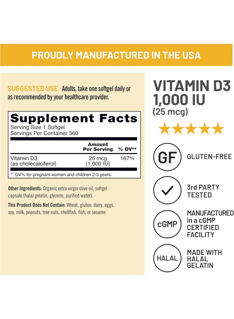 NatureWise Vitamin D3 1000iu (25 mcg) Healthy Muscle Function, and Immune Support, Non-GMO, Gluten Free in Cold-Pressed Olive Oil, Packaging Vary ( Mini Softgel), 360 Count - Image 3