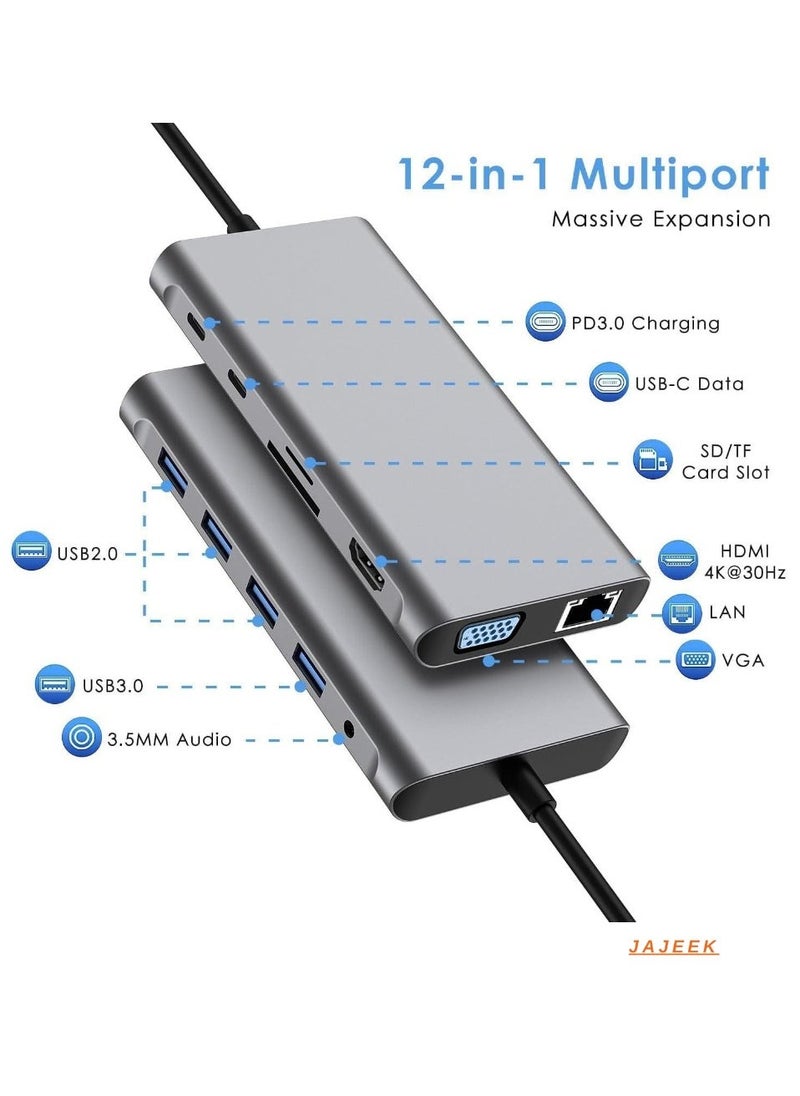 JAJEEK 12-in-1 USB C Hub Docking Station with 4K HDMI, VGA, USB 3.0, Ethernet, SD/TF Card Reader – Ultimate Adapter for MacBook Pro, Air & Type-C Devices – Expand Your Connectivity and Productivity  - Image 1