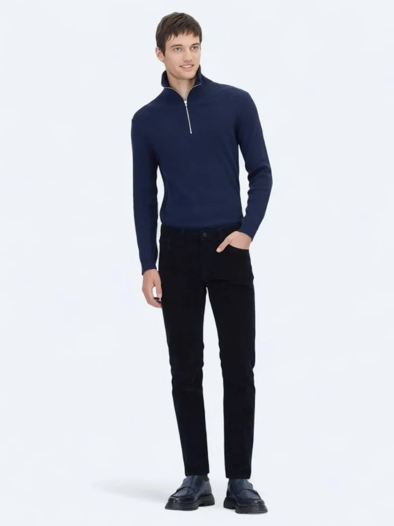 Kip Navy Blue Weaving Slim Fit Casual Cotton Blended Trousers