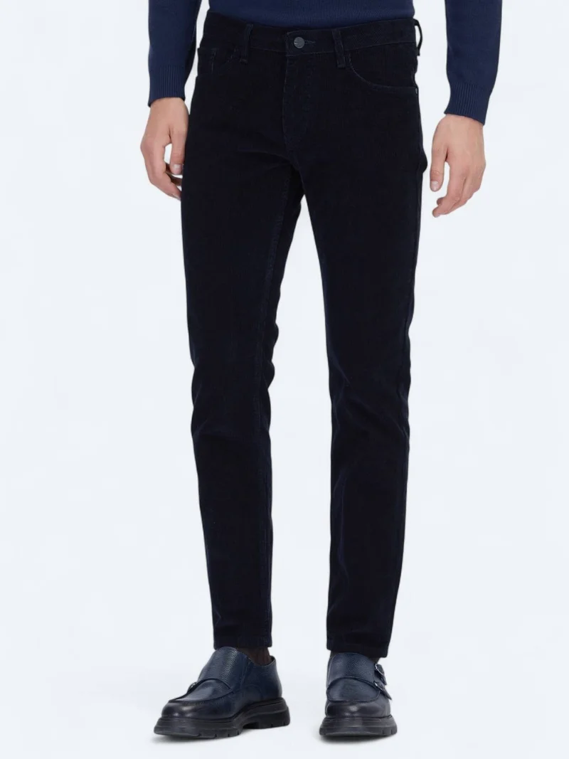 Kip Navy Blue Weaving Slim Fit Casual Cotton Blended Trousers