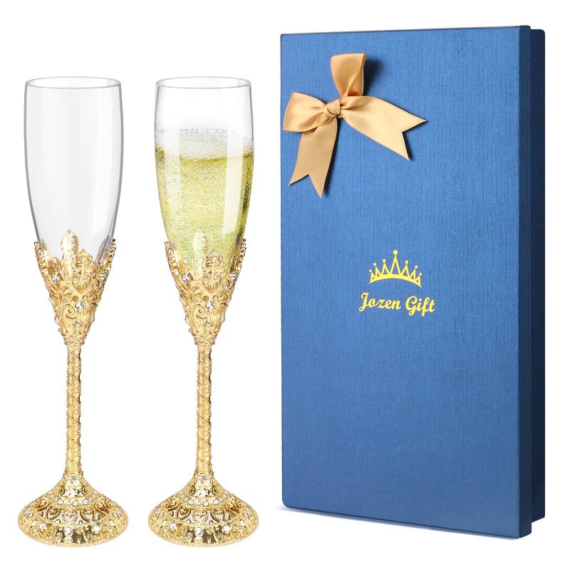 Jozen Gift Champagne FlutesSet of 2 Champagne glasses Crystal GlassesMetal Base Toasting Flute Pair Wedding Anniversary PartyBirthdayBanquetsGifts for Bride and Groom 6 ozGold