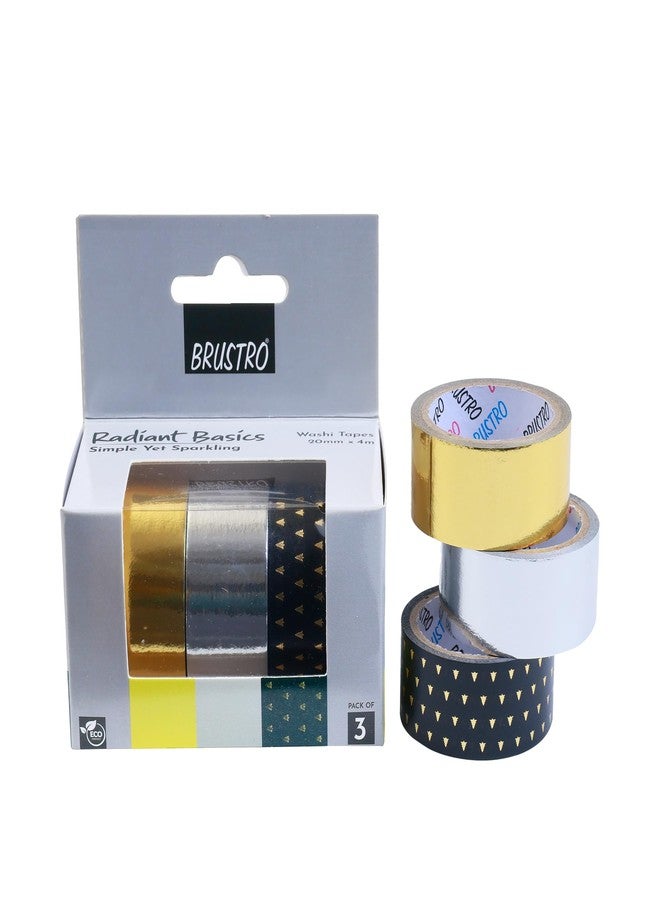 BRUSTRO Radiant Basics Washi Tape – Simple Yet Sparkling (Set of 3) | 20mm x 4m | Golden Shade, Silver, Black with Gold | Ideal for Scrapbooking,Card & Gift Wrapping,DIY,Home Decor,Art,Craft Supplies - Image 1