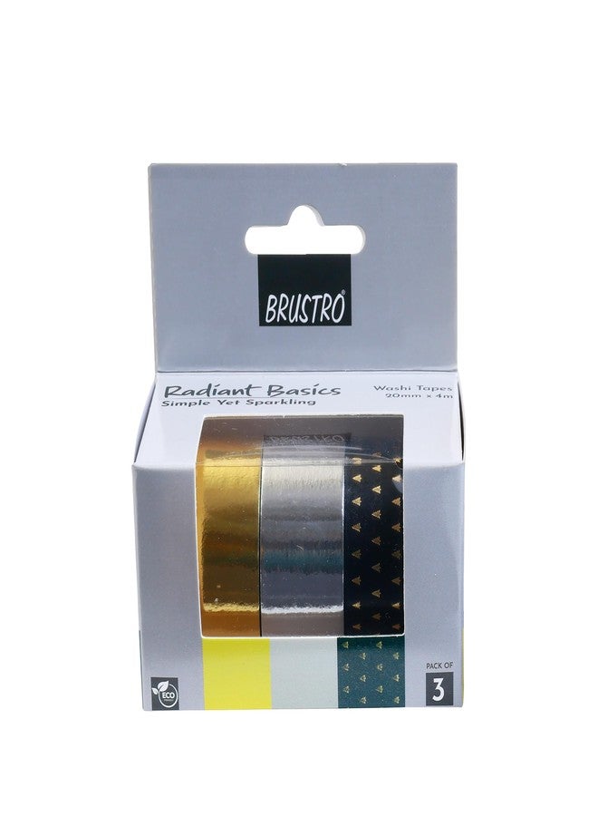 BRUSTRO Radiant Basics Washi Tape – Simple Yet Sparkling (Set of 3) | 20mm x 4m | Golden Shade, Silver, Black with Gold | Ideal for Scrapbooking,Card & Gift Wrapping,DIY,Home Decor,Art,Craft Supplies - Image 2