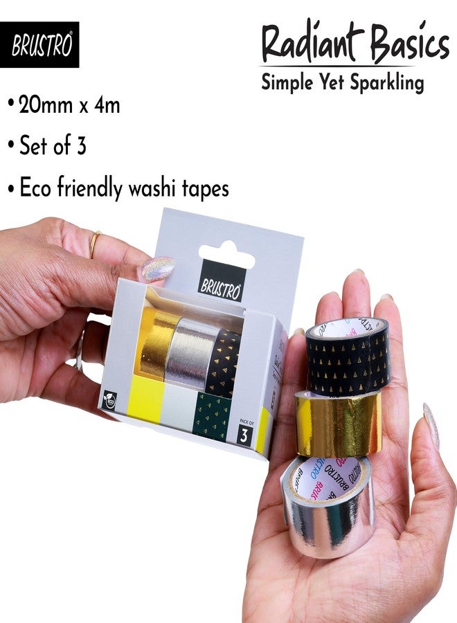 BRUSTRO Radiant Basics Washi Tape – Simple Yet Sparkling (Set of 3) | 20mm x 4m | Golden Shade, Silver, Black with Gold | Ideal for Scrapbooking,Card & Gift Wrapping,DIY,Home Decor,Art,Craft Supplies - Image 4