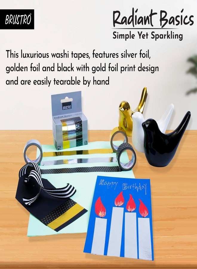 BRUSTRO Radiant Basics Washi Tape – Simple Yet Sparkling (Set of 3) | 20mm x 4m | Golden Shade, Silver, Black with Gold | Ideal for Scrapbooking,Card & Gift Wrapping,DIY,Home Decor,Art,Craft Supplies - Image 5