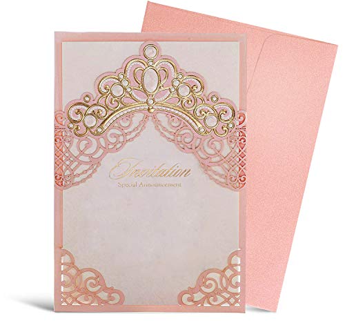 Hosmsua 50PCS Blank Pink Quinceanera Invitations Kit 5x73 Inch Laser Cut Floral Gold Crown Pocket Quinceanera Invitation Cards with Envelopes for Birthday Bridal Shower Invite