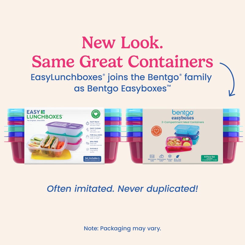 Bentgo Easyboxes - Original Stackable Lunch Boxes - Reusable 3-Compartment Food Containers for Kids and Adults - Bento Lunch Box for Meal Prep, School, & Work - BPA Free, Set of 4 (Jewel Brights) - Image 5