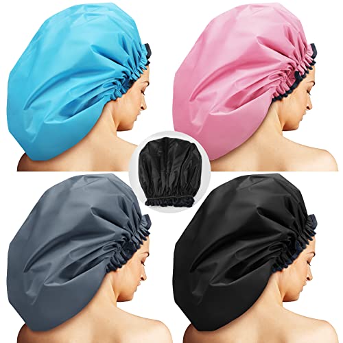 Jiuguva 4 Pieces Jumbo Shower Cap Extra Large Double Layer Waterproof Shower Cap for Dreadlocks Satin Lining Reusable XL Bonnet for Women Men Thick Long Big Hair Locs Braids 4 Colors - Image 2