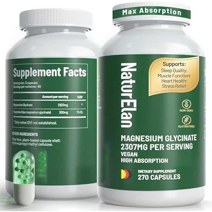 NaturElan Magnesium Glycinate 2307mg, 270 Capsules, Pure Magnesium Supplements for Stress Relief, Sleep, Muscle, Nerve, Heart & Metabolism Support, Third-Party Tested, Vegan,Non-GMO & Gluten Free, Chelated - Image 1
