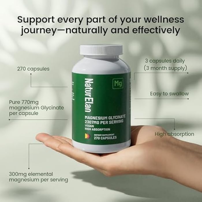 NaturElan Magnesium Glycinate 2307mg, 270 Capsules, Pure Magnesium Supplements for Stress Relief, Sleep, Muscle, Nerve, Heart & Metabolism Support, Third-Party Tested, Vegan,Non-GMO & Gluten Free, Chelated - Image 5