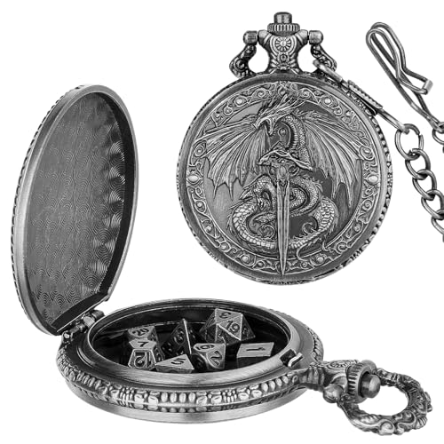 Keller & Weber Mini DND Dice Set Flying Dragon Holds Long Sword Pocket Watch Shell Case DND Starter Set 7pcs Polyhedral Metal Dice Set DD Gifts with Gift Bag Role Playing Board Game Accessories Silver - Image 1