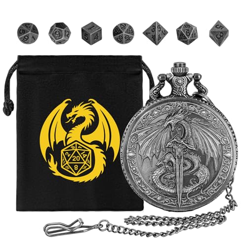 Keller & Weber Mini DND Dice Set Flying Dragon Holds Long Sword Pocket Watch Shell Case DND Starter Set 7pcs Polyhedral Metal Dice Set DD Gifts with Gift Bag Role Playing Board Game Accessories Silver - Image 5
