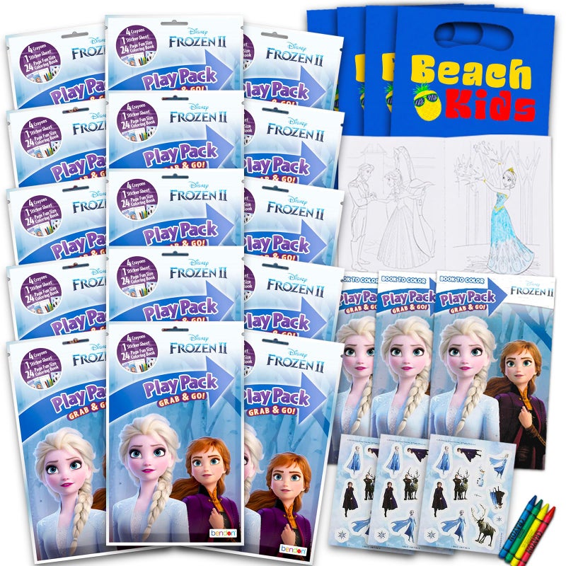 Bendon Set of 15 Full-Size Kids Play Packs Fun Party Favors Coloring Book Crayons Stickers (Disney Frozen) - Image 1