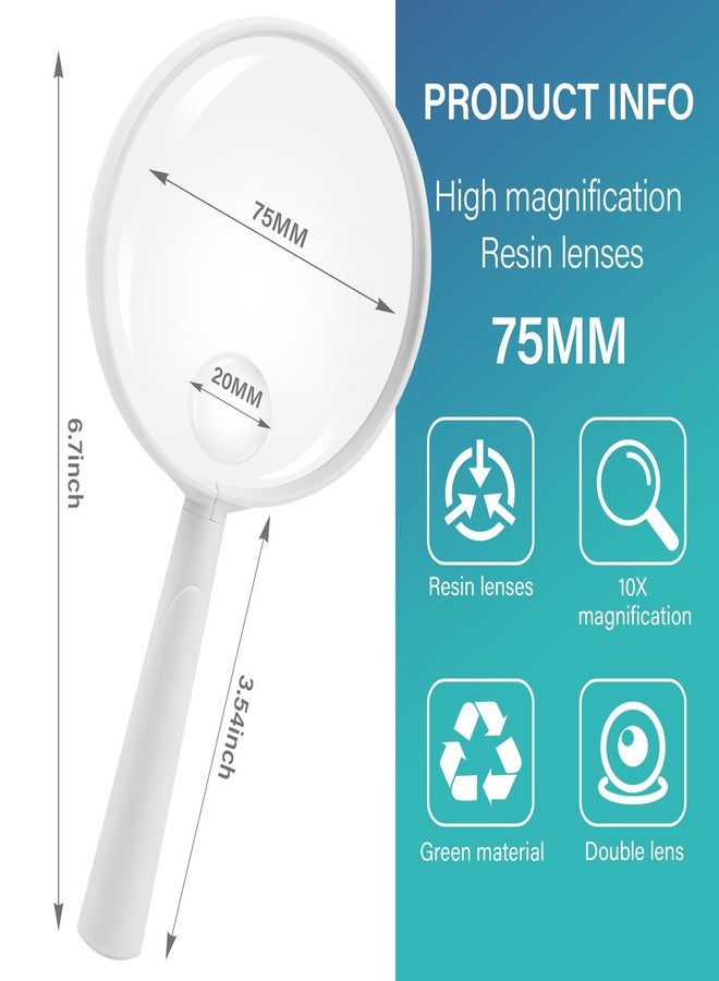 Feosky Handheld Reading Magnifier, 10X Magnifier, 75mm Shatterproof Lens, Adults Close Work Non-Slip Handle for Seniors Reading and Nature Exploration (White) - Image 2