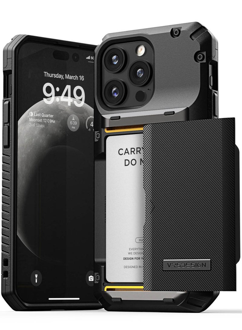 VRS Design Damda Glide Pro iPhone 15 PRO Case Cover Wallet with Semi Automatic Credit Card Holder Slot [4 Cards] - Black Groove - Image 1
