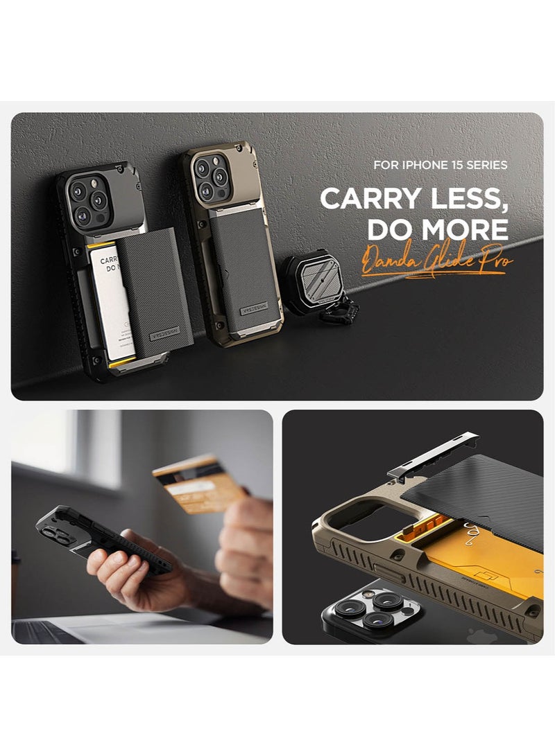 VRS Design Damda Glide Pro iPhone 15 PRO Case Cover Wallet with Semi Automatic Credit Card Holder Slot [4 Cards] - Black Groove - Image 5