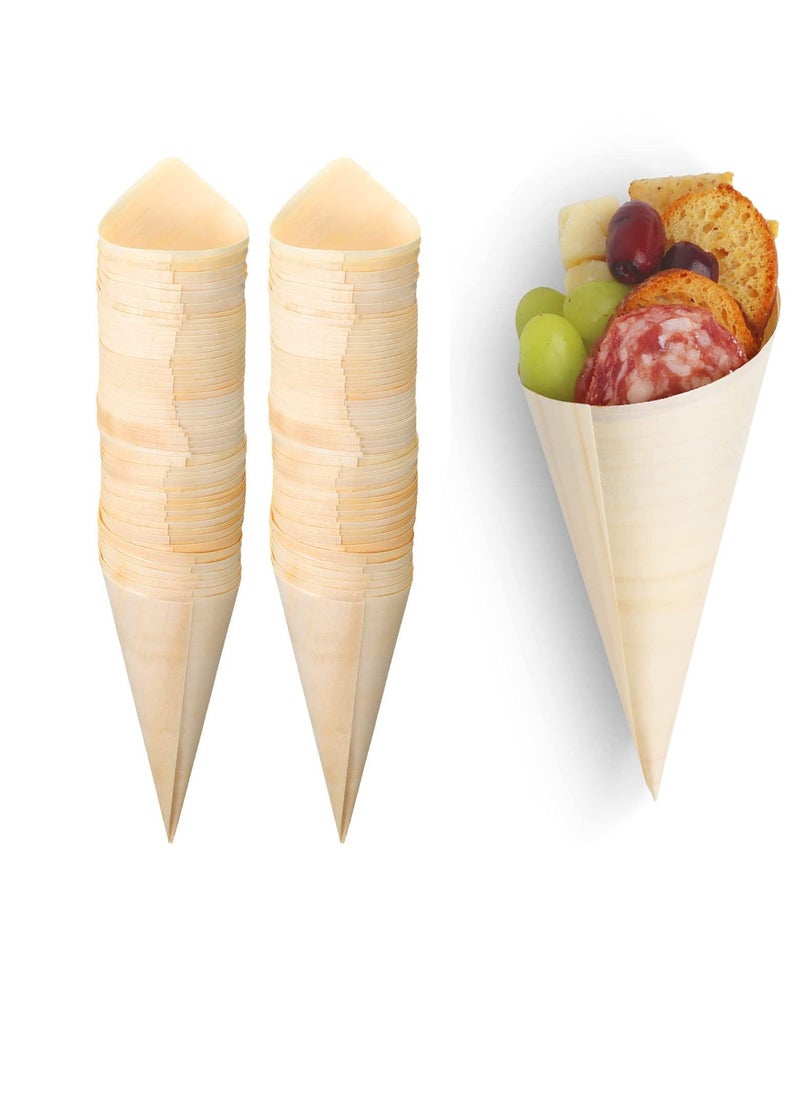 SYOSI 100 Pieces Disposable Wood Cones Vintage Wooden Food Cones, Disposable Pine Wood Cones Plates for Appetizers, Charcuterie Cones, Parties, Catering Events, Pinewood - Image 1