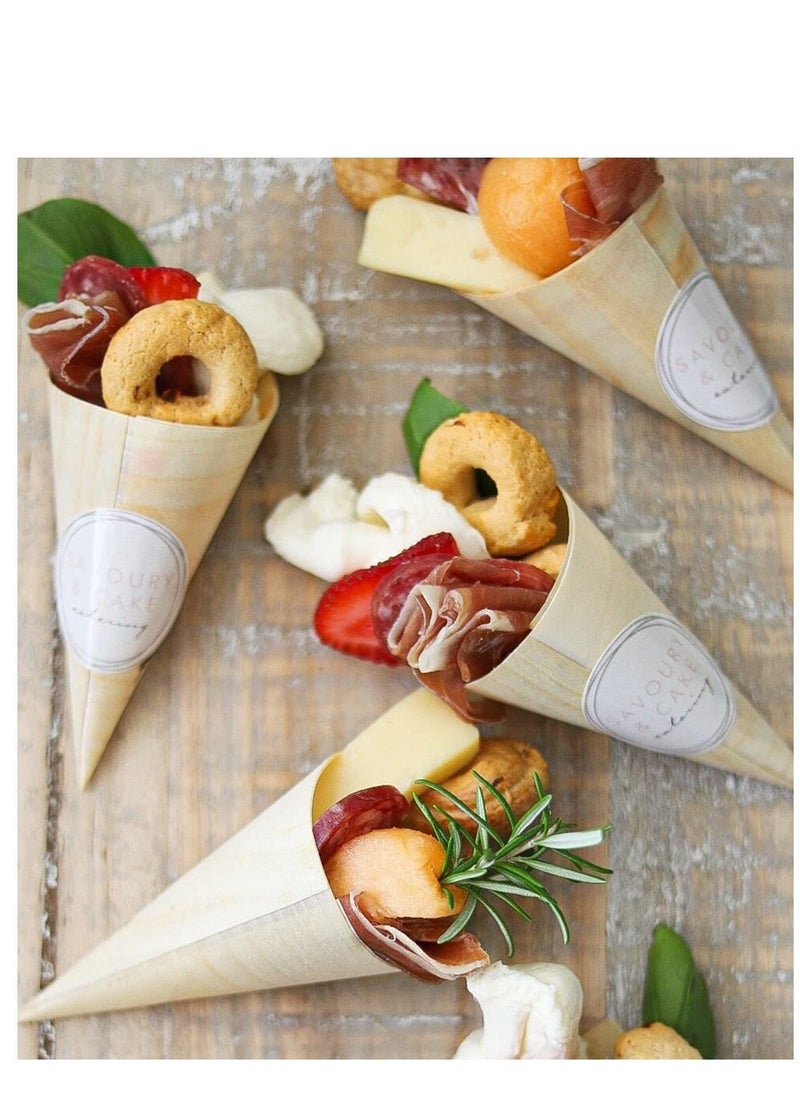 SYOSI 100 Pieces Disposable Wood Cones Vintage Wooden Food Cones, Disposable Pine Wood Cones Plates for Appetizers, Charcuterie Cones, Parties, Catering Events, Pinewood - Image 5