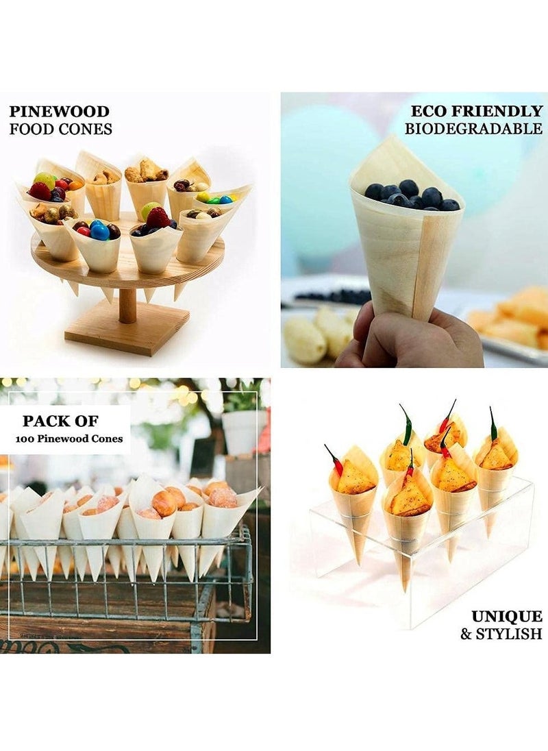 SYOSI 100 Pieces Disposable Wood Cones Vintage Wooden Food Cones, Disposable Pine Wood Cones Plates for Appetizers, Charcuterie Cones, Parties, Catering Events, Pinewood - Image 3