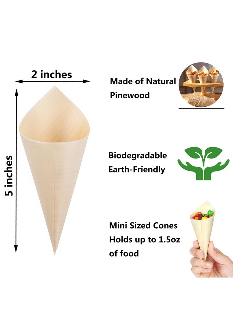SYOSI 100 Pieces Disposable Wood Cones Vintage Wooden Food Cones, Disposable Pine Wood Cones Plates for Appetizers, Charcuterie Cones, Parties, Catering Events, Pinewood - Image 4