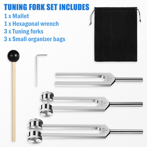 GOGHOST Tuning Forks for Healing Set 3PCS, Aluminum Fork with Mallet and Storage Bag for Chakra/Medical/Sound Therapy Instruments/Yoga/Meditation Accessories - Silver - 128Hz, 256Hz, 512Hz - Image 2