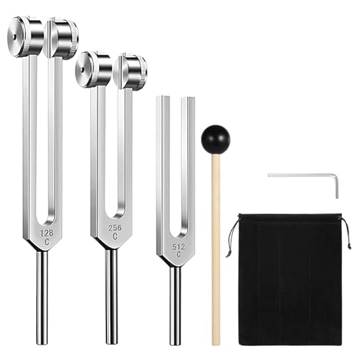 GOGHOST Tuning Forks for Healing Set 3PCS, Aluminum Fork with Mallet and Storage Bag for Chakra/Medical/Sound Therapy Instruments/Yoga/Meditation Accessories - Silver - 128Hz, 256Hz, 512Hz - Image 1