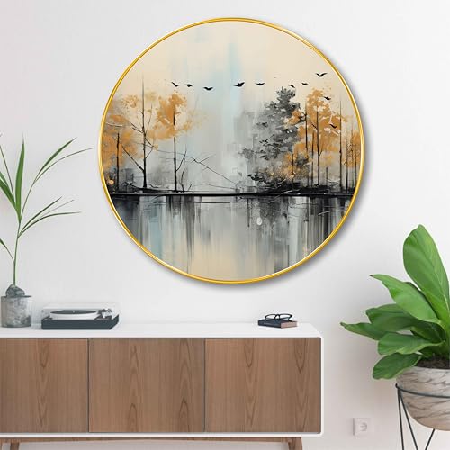 SAF Modern Nature Round Wall Painting with Golden Frame | Abstract Forest Landscape with Birds Wall Art | Stylish Wall Hanging for Living Room Bedroom Office Home Décor (16 X 16 Inch) GRM-253 - Image 1