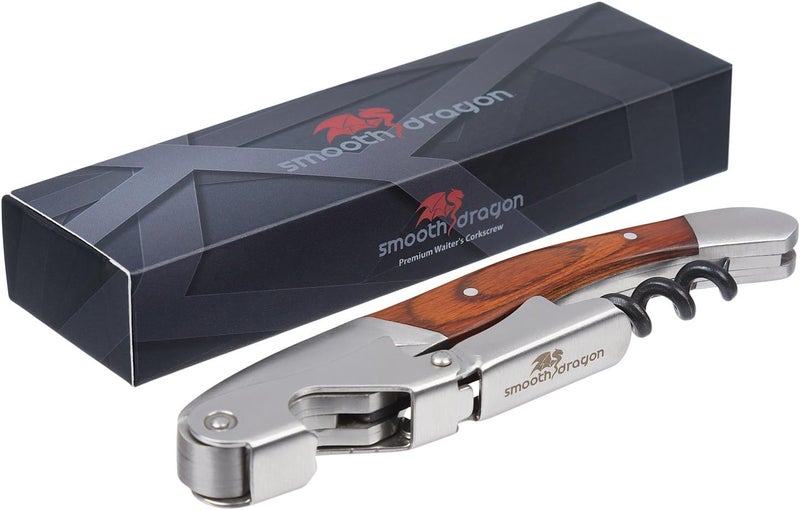 Smooth Dragon Premium Waiters Corkscrew - 3 in 1 Stainless Steel Wine Opener with Rosewood Pull Tap Handle Bottle Opener and Serrated Foil Cutter - Image 3