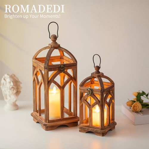 Romadedi Farmhouse Candle Lantern Wooden 12 16 Set of 2 Decorative Rustic Wood Candle Holder Home Decor Decoration Wedding Table Centerpiece Brown - Image 3