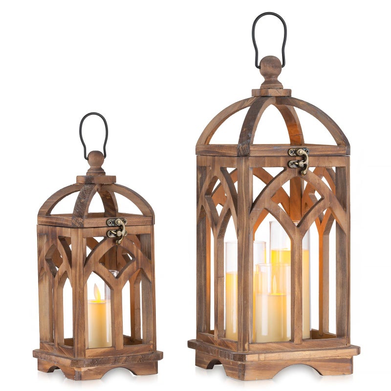 Romadedi Farmhouse Candle Lantern Wooden 12 16 Set of 2 Decorative Rustic Wood Candle Holder Home Decor Decoration Wedding Table Centerpiece Brown - Image 2