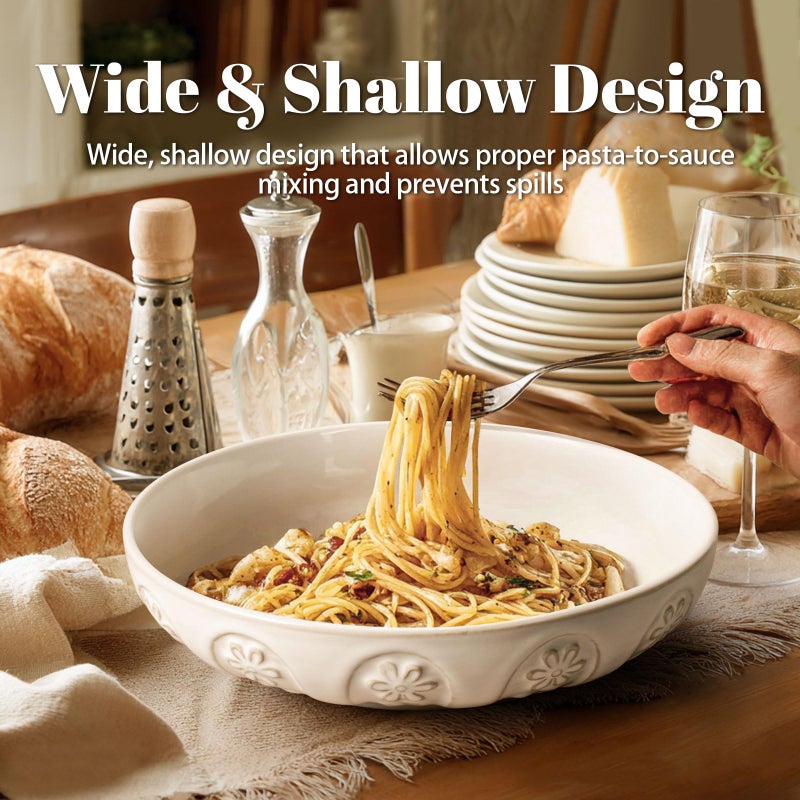 Artena Pasta Bowls, 50oz Large Salad Serving Bowls, 9.75'' Plates Bowls Set of 4, Big White Ceramic Soup Bowls for Kitchen, Embossment Shallow Dinner Bowl, Microwave Dishwasher Safe, Pinwheel Flower - Image 3
