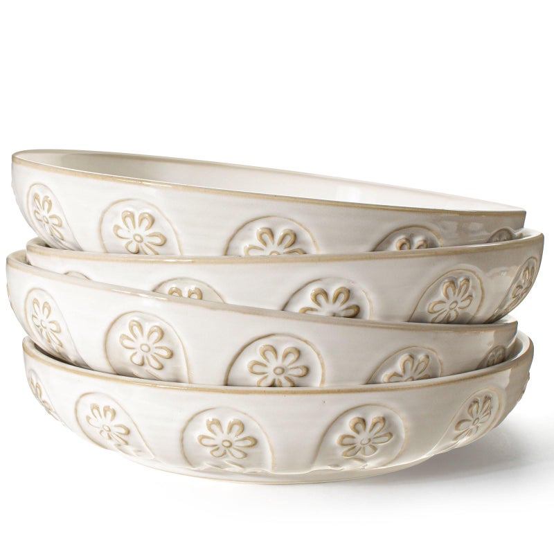 Artena Pasta Bowls, 50oz Large Salad Serving Bowls, 9.75'' Plates Bowls Set of 4, Big White Ceramic Soup Bowls for Kitchen, Embossment Shallow Dinner Bowl, Microwave Dishwasher Safe, Pinwheel Flower - Image 1