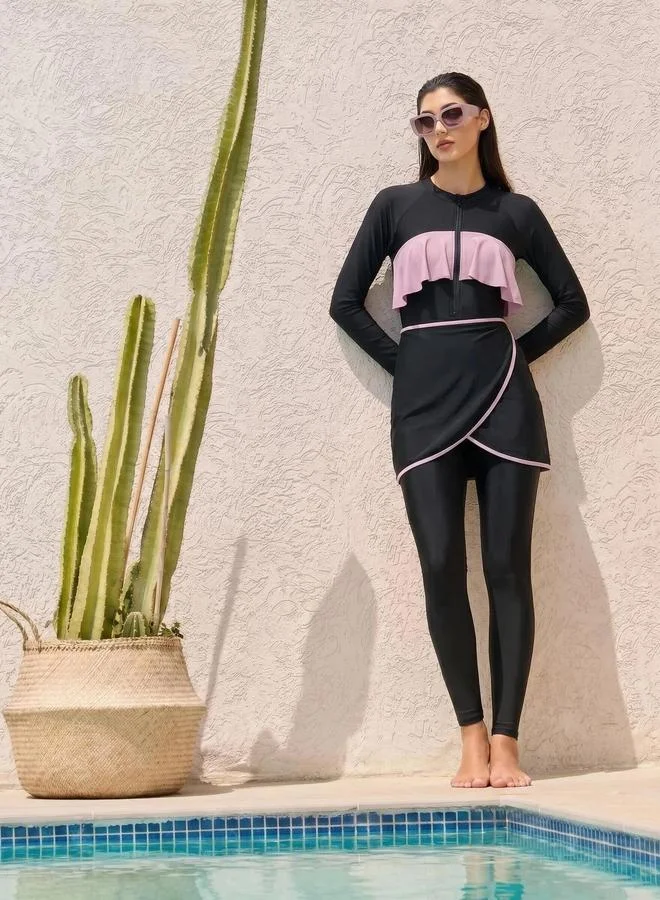 Styli Pack of 3 - Raglan Sleeve Ruffle Swimsuit, Wrap Skirt and Leggings Burkini Set