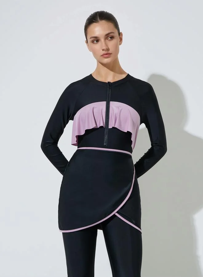 Styli Pack of 3 - Raglan Sleeve Ruffle Swimsuit, Wrap Skirt and Leggings Burkini Set