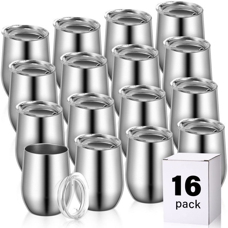 Remagr 16 Pack Stainless Steel Wine Tumblers 12 oz Insulated Vacuum Wine Cup Set Double Wall Stainless Steel Stemless Mug Glasses for Coffee Soda Whiskey Outdoor TravelSilver