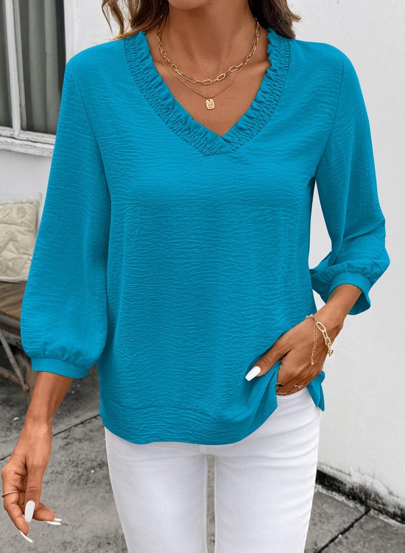 Shein SHEWIN Women Tops Tunic 3/4 Length Sleeve Shirts Solid Smocked V Neck Dressy Blouses Business Work Quarter Sleeve Clothing Spring Fall Casual 2026 Clothes Size S, Blue - Image 2
