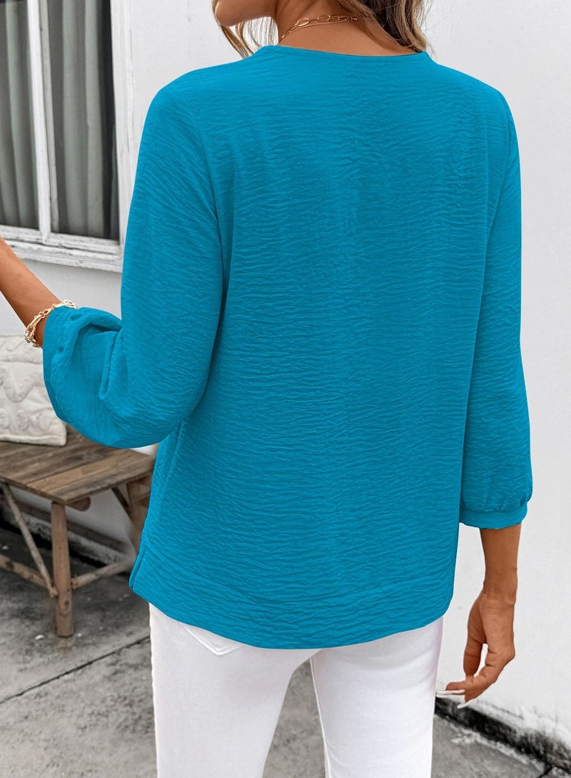 Shein SHEWIN Women Tops Tunic 3/4 Length Sleeve Shirts Solid Smocked V Neck Dressy Blouses Business Work Quarter Sleeve Clothing Spring Fall Casual 2026 Clothes Size S, Blue - Image 3