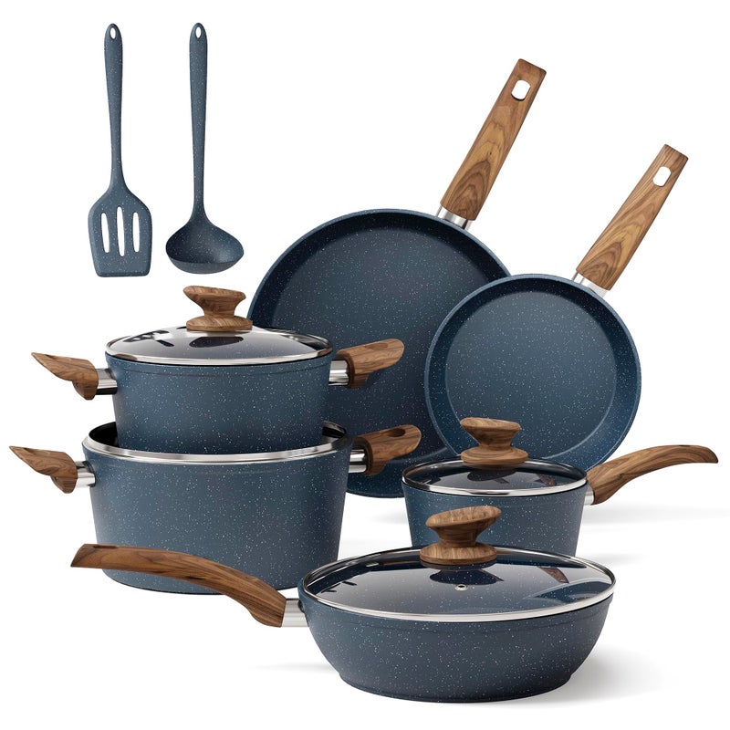 MAISON ARTS Pots and Pans Set Non Stick, Kitchen Cookware Sets Nonstick, 12 Piece Granite Cooking Pot and Pan for Induction, Stovetop, Blue - Image 1
