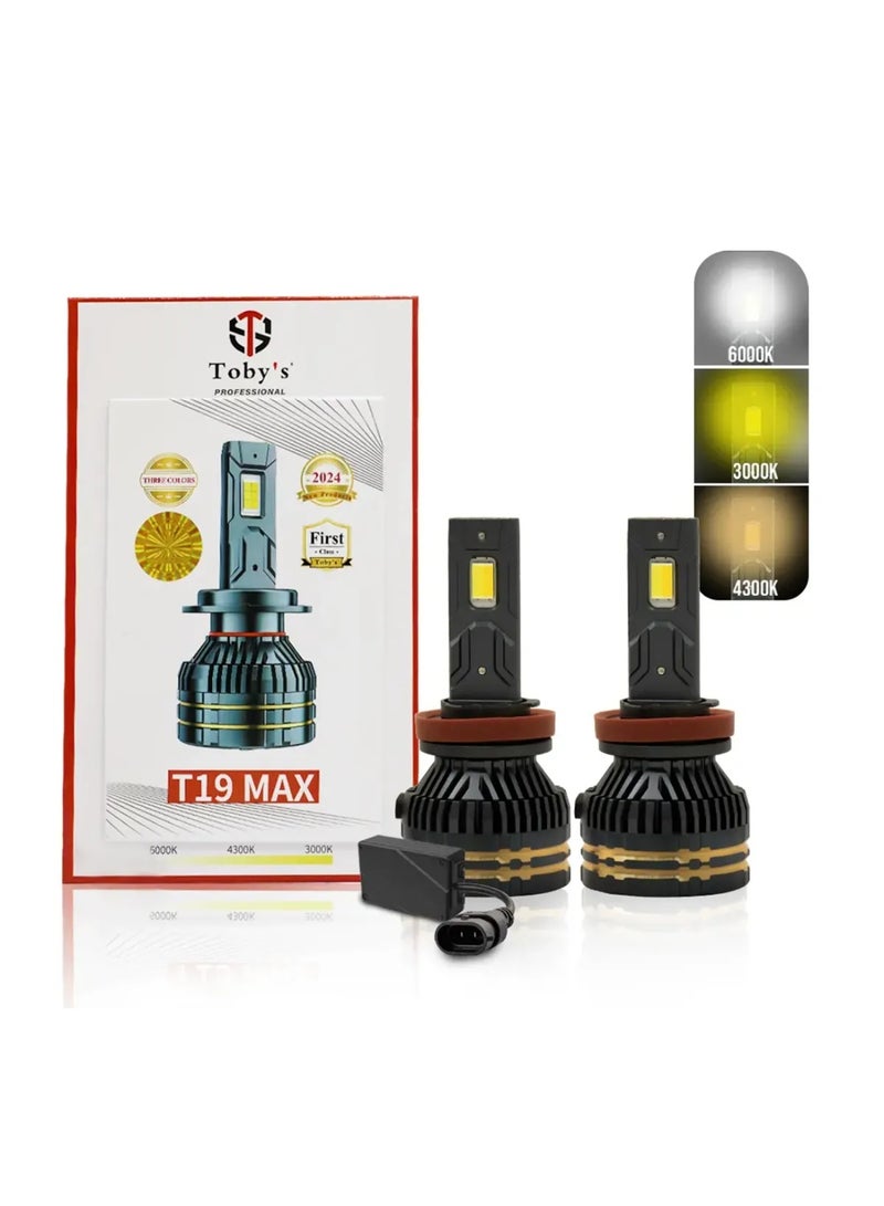 توبيز مصابيح أمامية LED T19 Max الجديدة من Toby's، بقوة 65 واط، بثلاثة ألوان متغيرة (أبيض ماسي 6000 كلفن، وأصفر ذهبي 3000 كلفن، وأبيض دافئ 4300 كلفن) للضوء العالي أو المنخفض أو الضباب. - T19 MAX L - H1 - Image 1