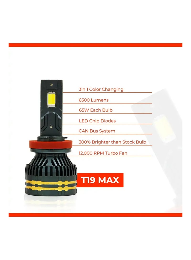 توبيز مصابيح أمامية LED T19 Max الجديدة من Toby's، بقوة 65 واط، بثلاثة ألوان متغيرة (أبيض ماسي 6000 كلفن، وأصفر ذهبي 3000 كلفن، وأبيض دافئ 4300 كلفن) للضوء العالي أو المنخفض أو الضباب. - T19 MAX L - H1 - Image 4