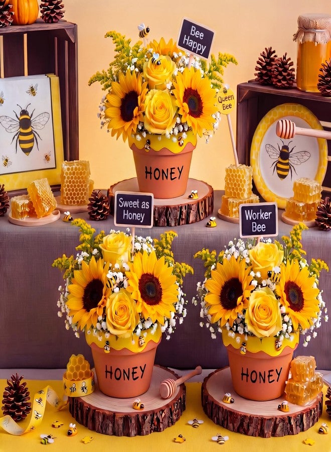 Lineshading 3 Pack 4 Inch Bee Theme Baby Shower Table Centerpieces Bee Decoration Pots Red Clay Jars with Resin Decorative Table Centerpiece for Bees Themed Party Birthday Decoration(Classic) - Image 1