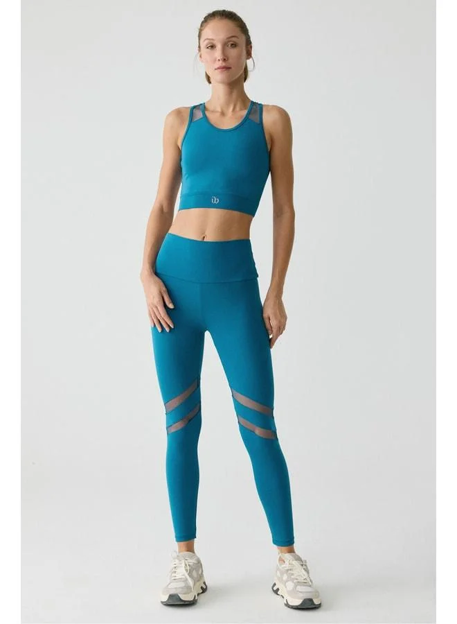 Larına Women's Full-Length Blue Leggings with Tulle Detail.