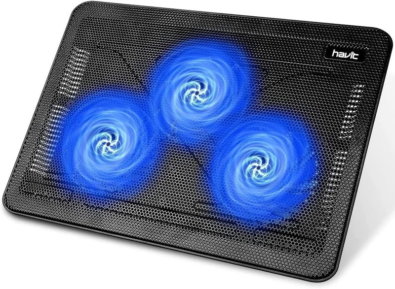 havit HV-F2056 15.6"-17" Laptop Cooler Cooling Pad - Slim Portable USB Powered (3 Fans), Black/Blue - Image 1