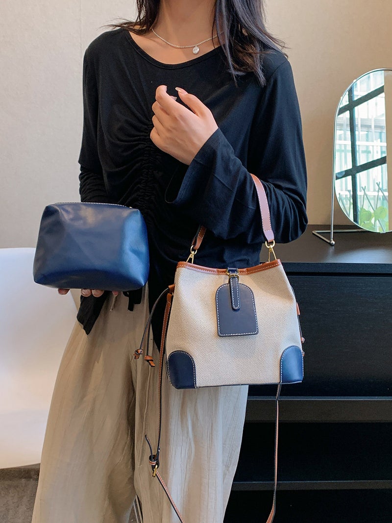 Bucket Bag For Women, New Style, Canvas Color-Blocking Patchwork Tote Bag, Trendy Fashion Commuter Shoulder Crossbody Bag - Image 5