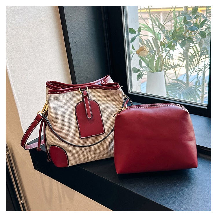 Bucket Bag For Women, New Style, Canvas Color-Blocking Patchwork Tote Bag, Trendy Fashion Commuter Shoulder Crossbody Bag - Image 1