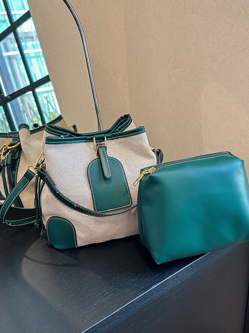 Bucket Bag For Women, New Style, Canvas Color-Blocking Patchwork Tote Bag, Trendy Fashion Commuter Shoulder Crossbody Bag - Image 4