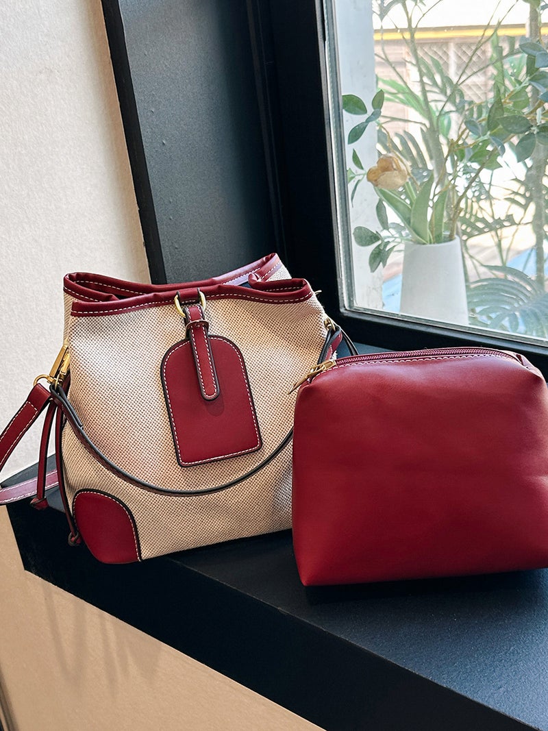Bucket Bag For Women, New Style, Canvas Color-Blocking Patchwork Tote Bag, Trendy Fashion Commuter Shoulder Crossbody Bag - Image 3