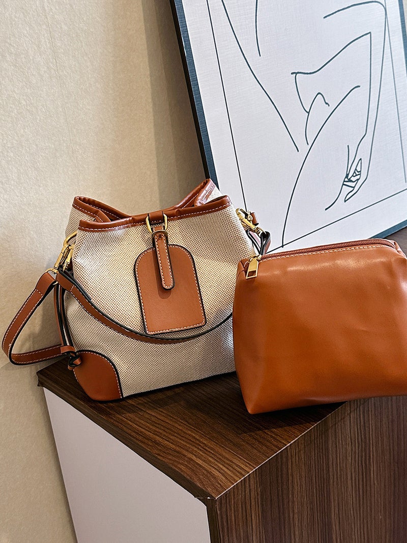 Bucket Bag For Women, New Style, Canvas Color-Blocking Patchwork Tote Bag, Trendy Fashion Commuter Shoulder Crossbody Bag - Image 2