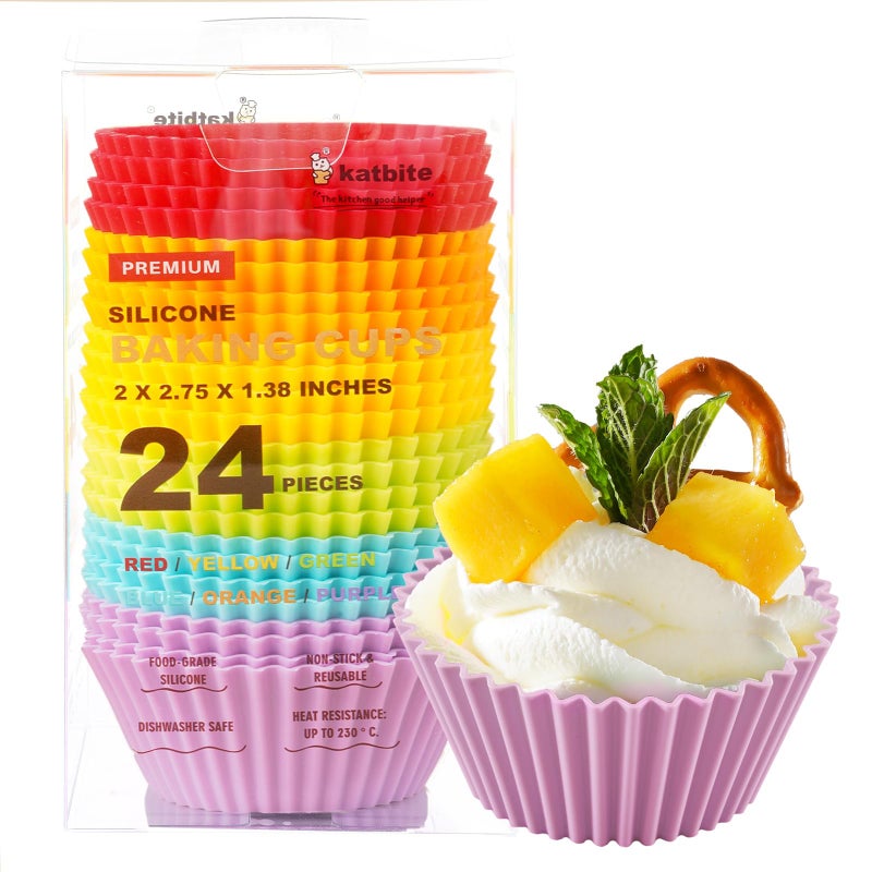 Katbite Silicone Cupcake Liners 24 Pack - Non-stick Silicone Muffin Liners Set, Thick & Heavy Duty Cupcake Molds - Perfect for Party Halloween Christmas Bakery Supplies, Multicolor - Image 1